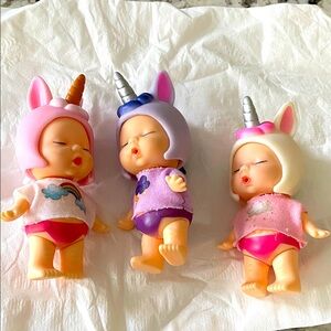 3 Adorable Baby Dolls With Unicorn Hats/Helmets